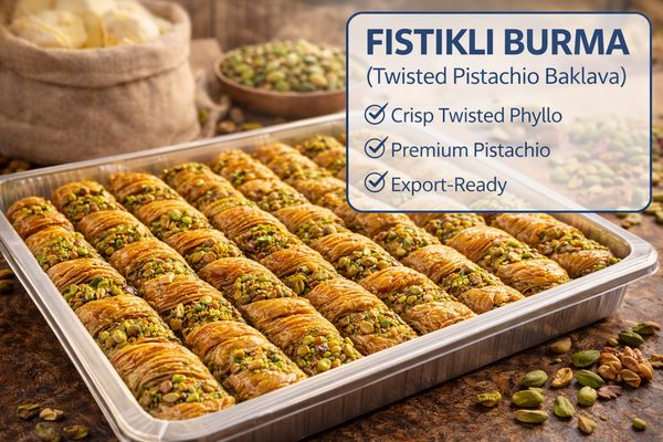 Fıstıklı Burma (Twisted Pistachio Baklava) Fıstıklı burma twisted pistachio baklava — crisp twisted baklava for export