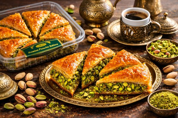 Havuç Dilimi (Carrot Slice) Pistachio Baklava Havuç dilimi carrot slice pistachio baklava — large wedge pieces with abundant pistachio for premium export