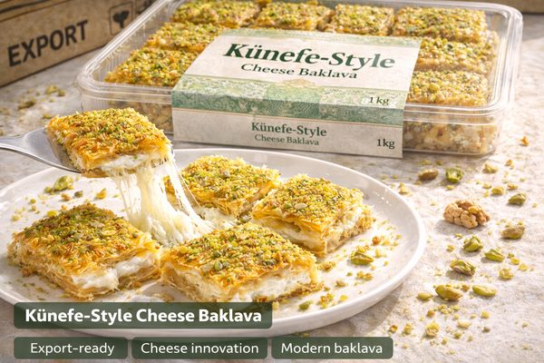 Künefe-Style Cheese Baklava Künefe-style cheese baklava — modern Turkish dessert option for wholesale export assortments