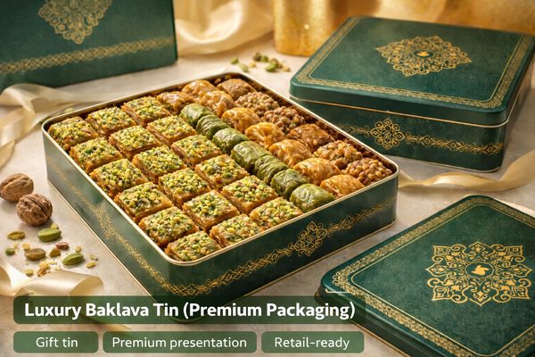 Luxury Baklava Tin (Premium Packaging) Luxury baklava tin premium packaging — gift tin format for export retail and corporate gifting