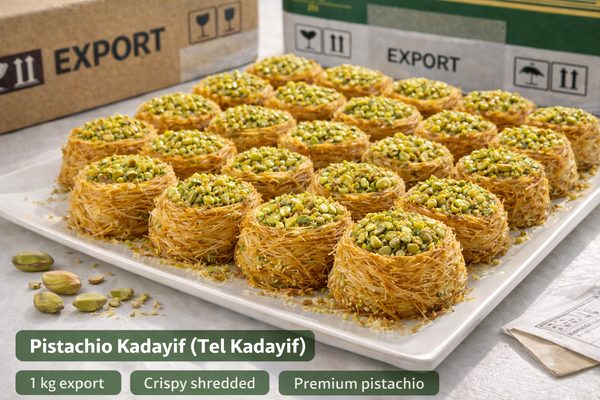 Pistachio Kadayif (Tel Kadayif) Pistachio tel kadayif — crispy shredded pastry nest filled with pistachio for export